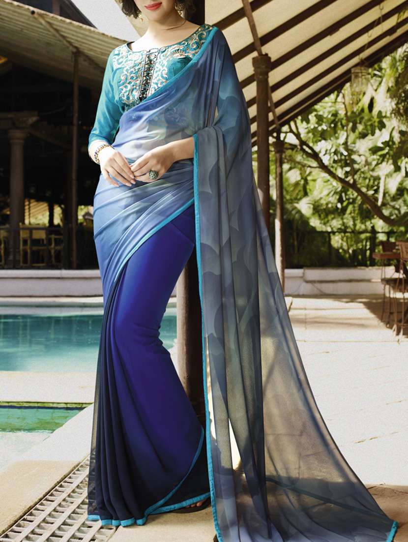 multi colored georgette printed half and half saree