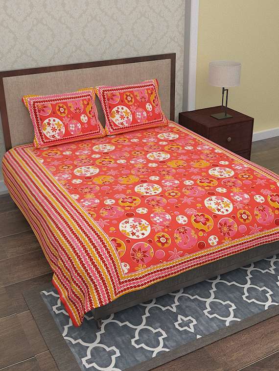 peach printed cotton double bed sheet set