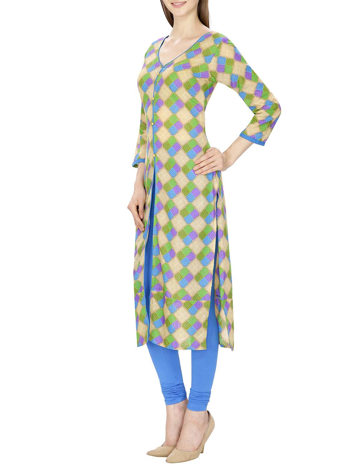blue&green cotton high slit kurta - 11807953 -  Standard Image - 1