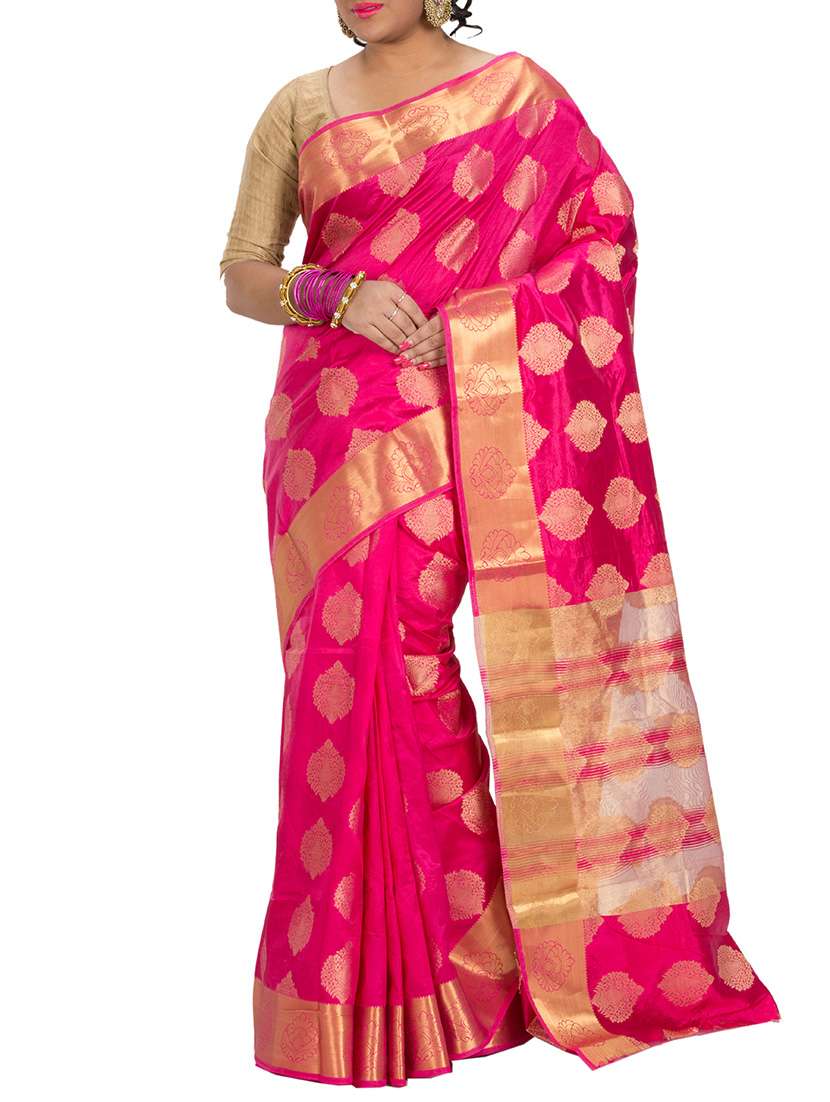pink zari worked kanjivaram art silk saree with blouse