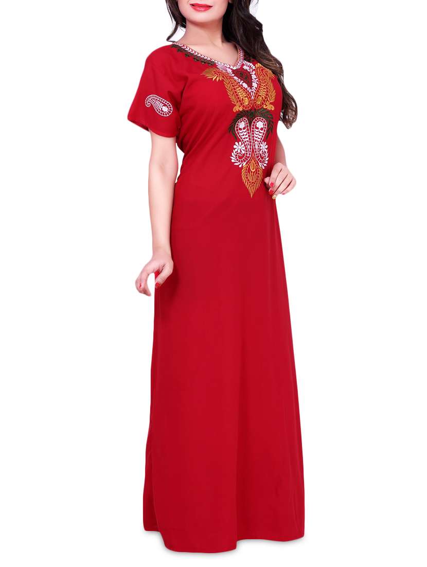 Buy online Red Embroidered Lycra Silk Night Gown from lingerie for