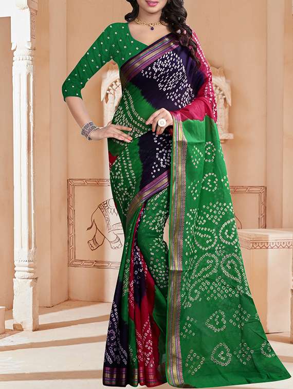 green cotton bandhani saree with blouse