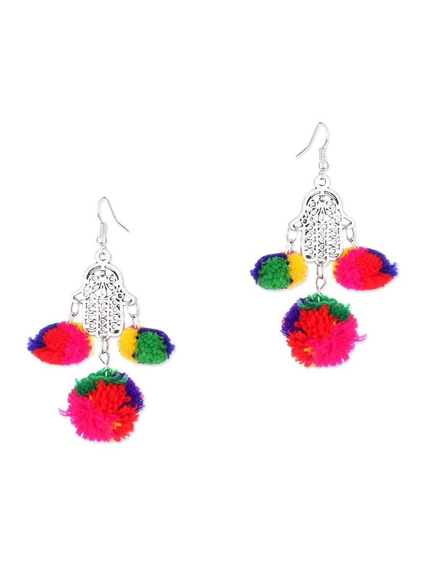 multicoloured pom pom embellished metal earrings
