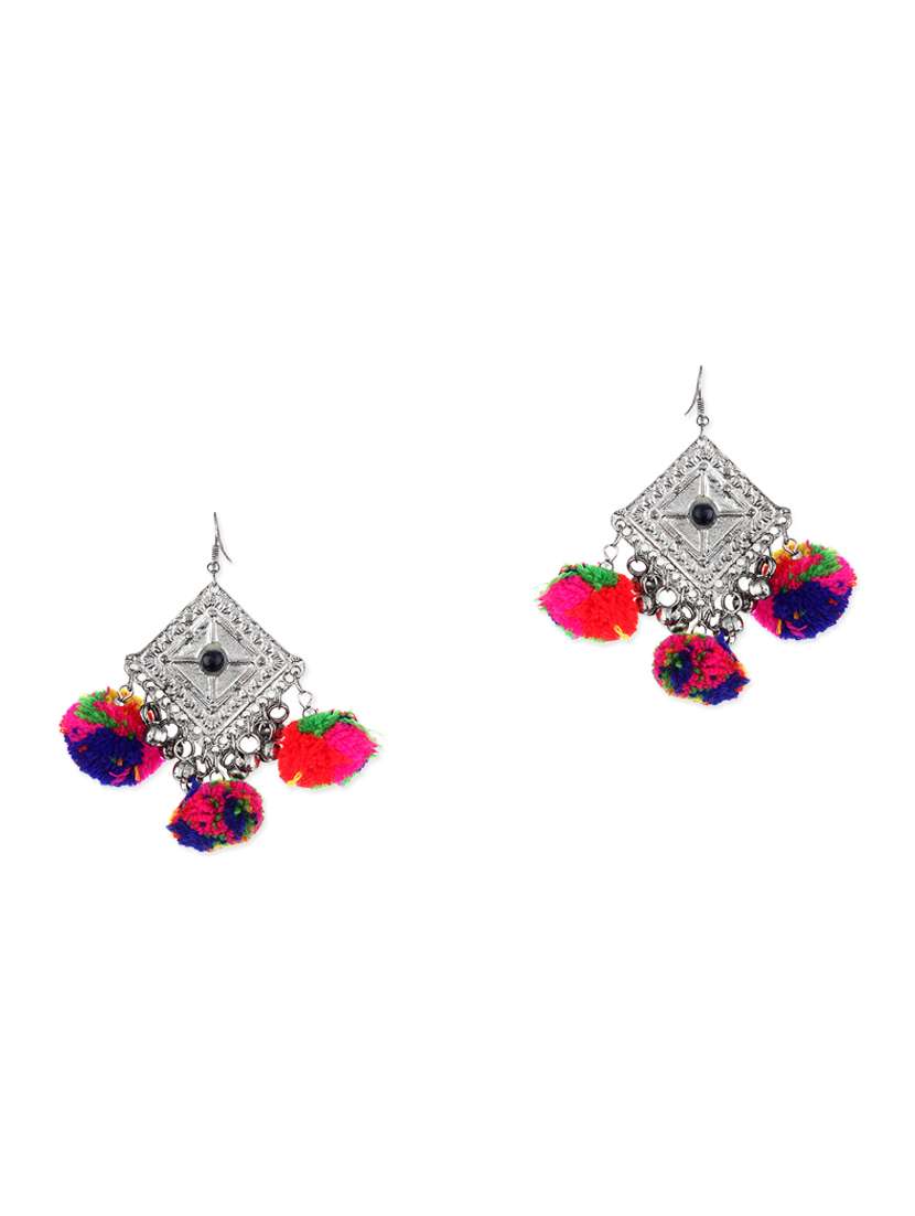multicoloured pom pom embellished metal earrings
