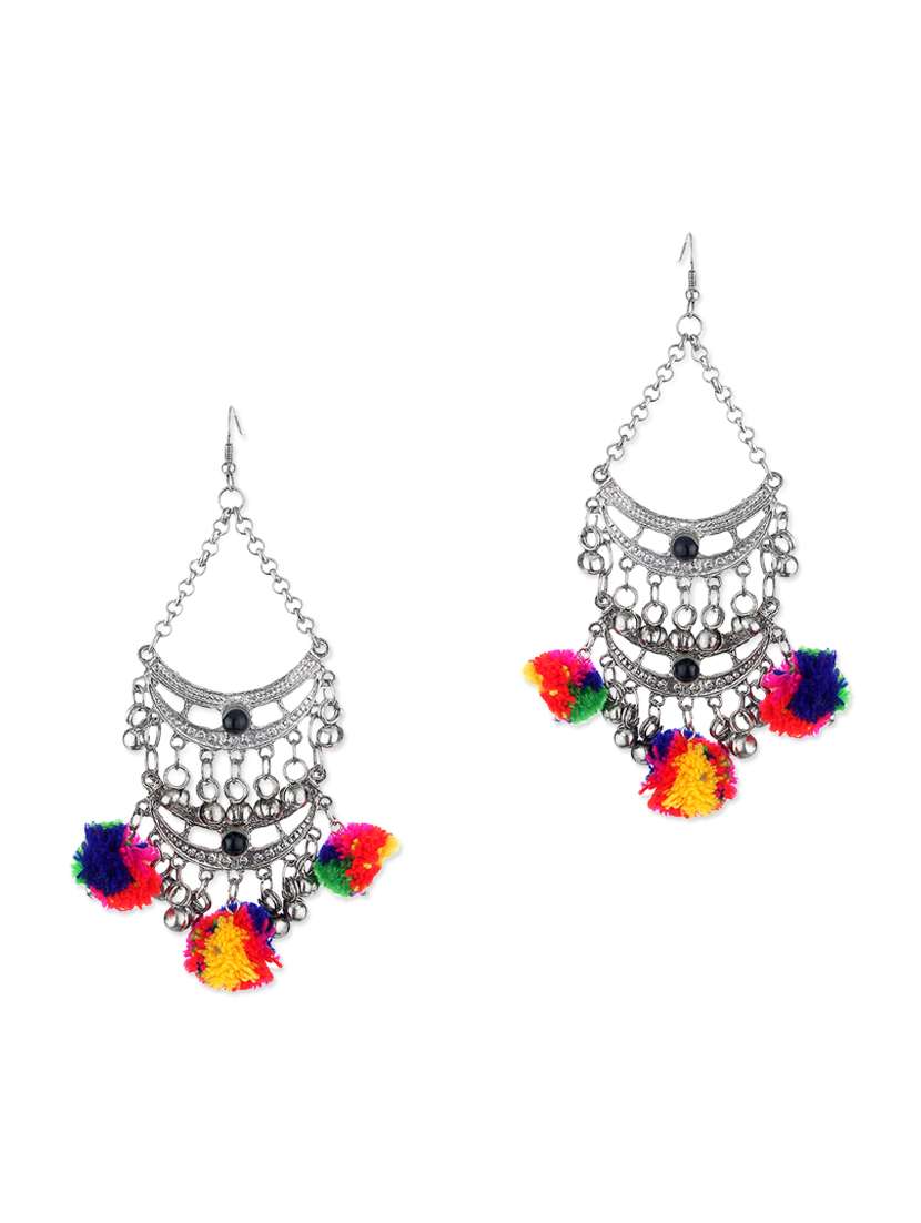 multicoloured pom pom embellished metal earrings