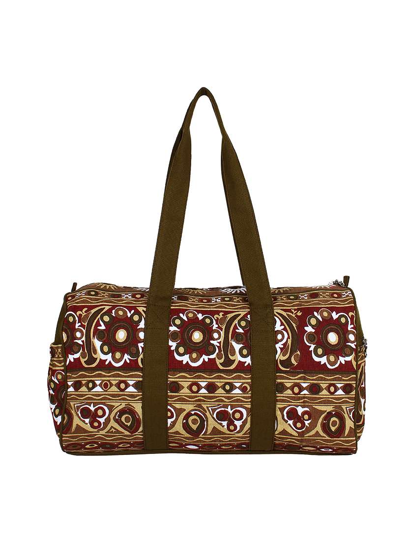 multicolored printed canvas luggage bag