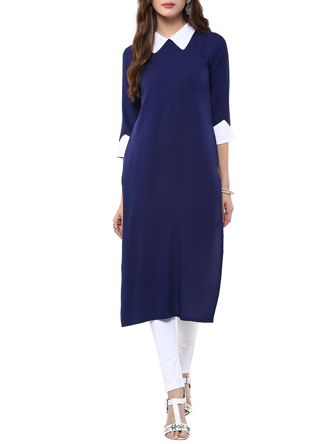 blue crepe straight solid  kurta
