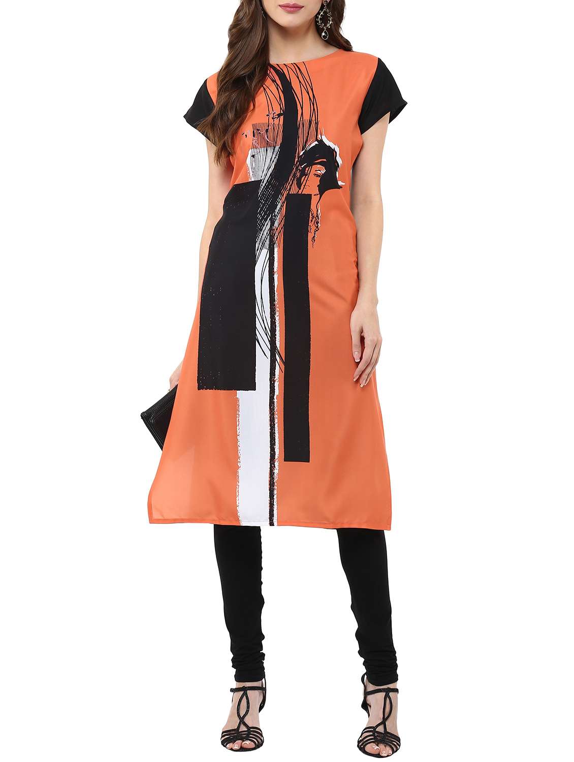 orange crepe printed straight kurta