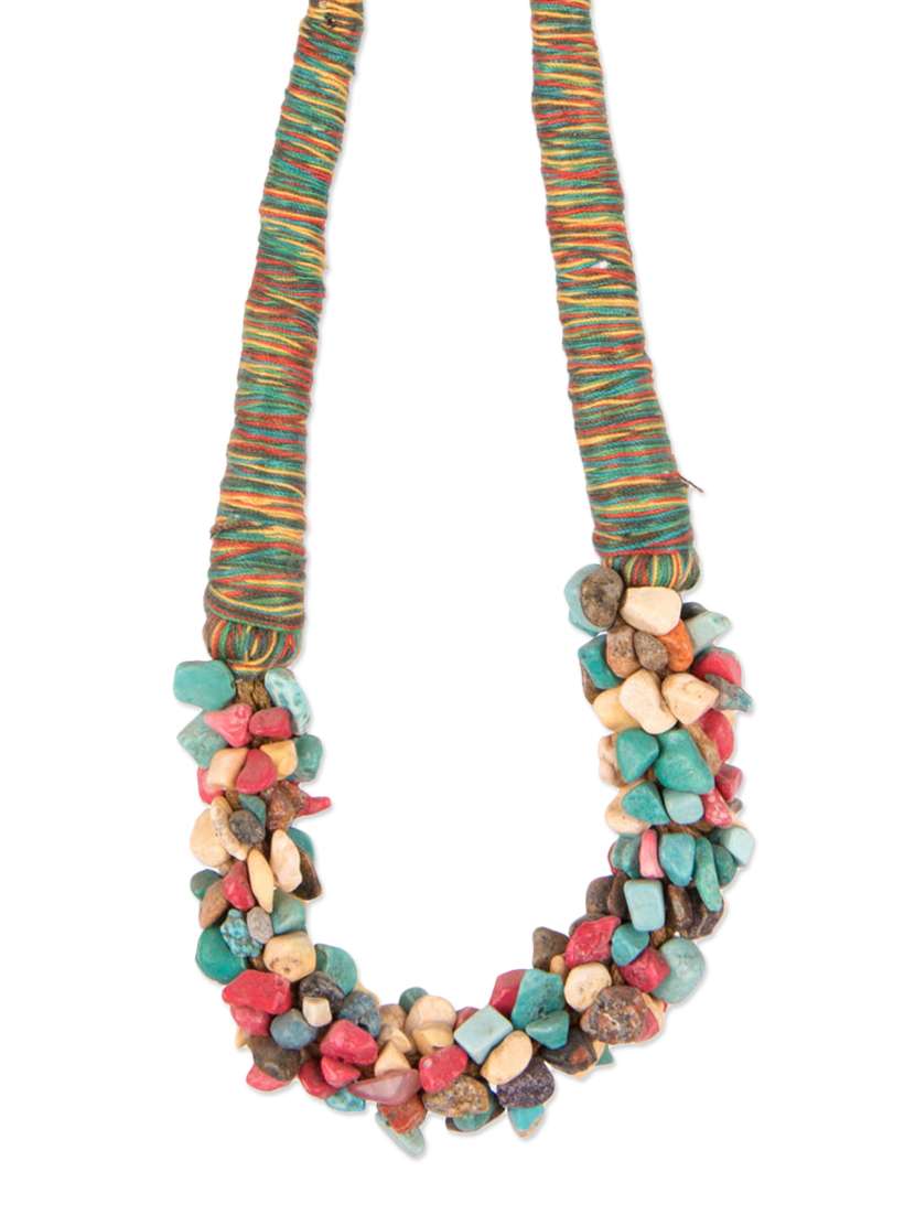 Diva Walk multi fabric & real quartz stone tribal necklace