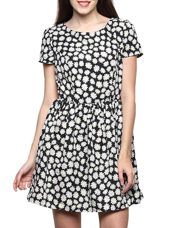black floral chiffon a-line dress
