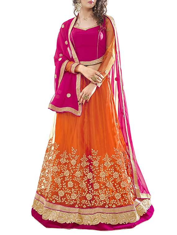 Orange Net & satin Panelled Lehenga