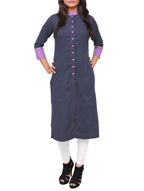 blue polka dots printed cotton high slit kurta