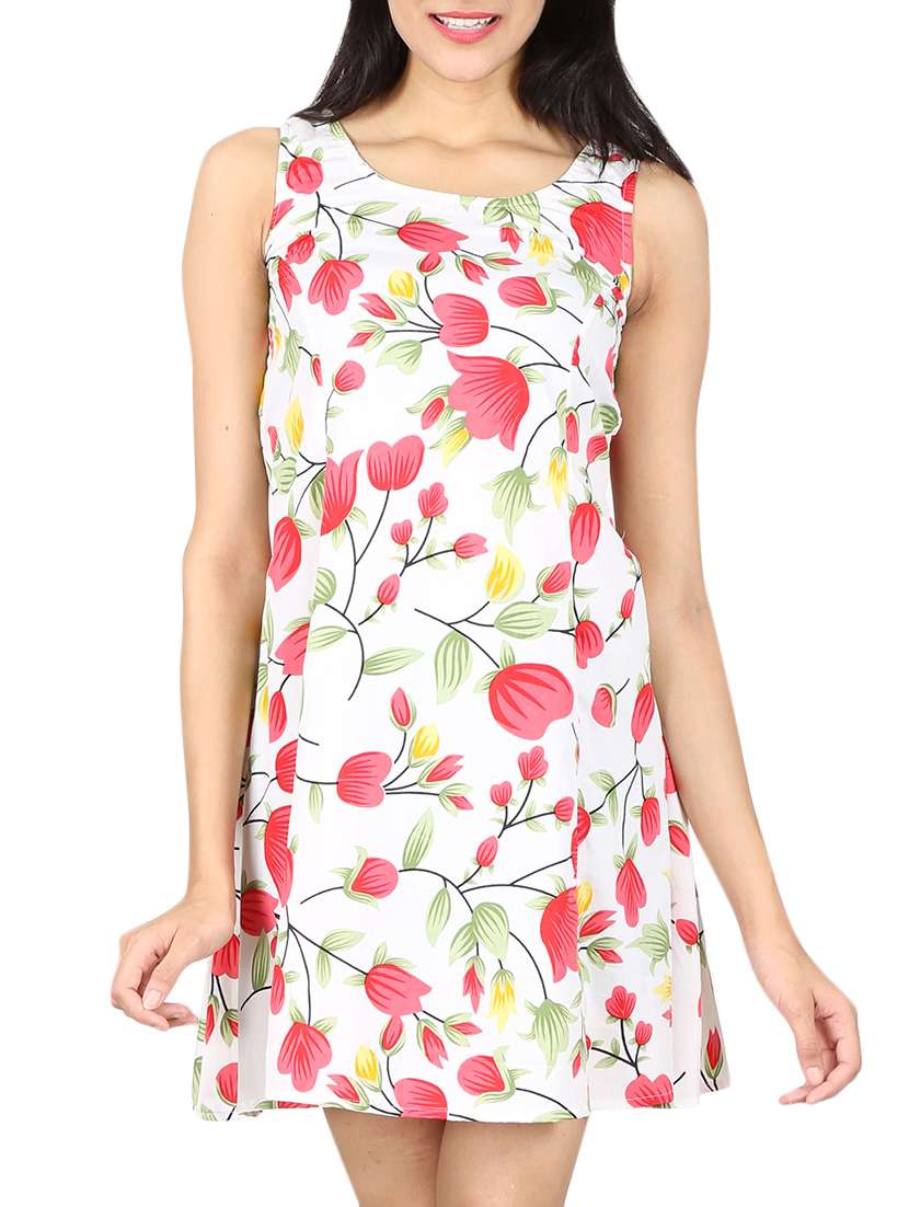 white floral printed poly crepe a-line dress
