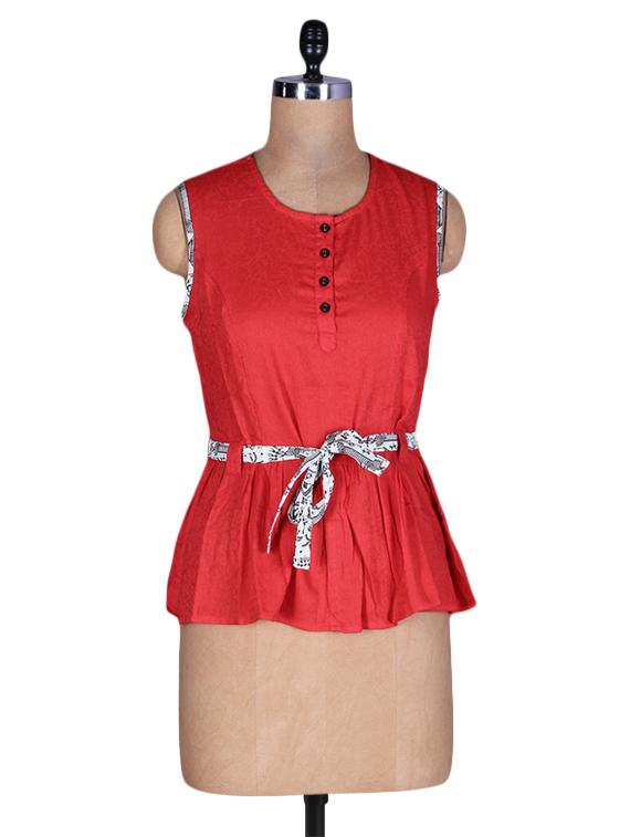 Red Cotton Top With Waist Belt - By