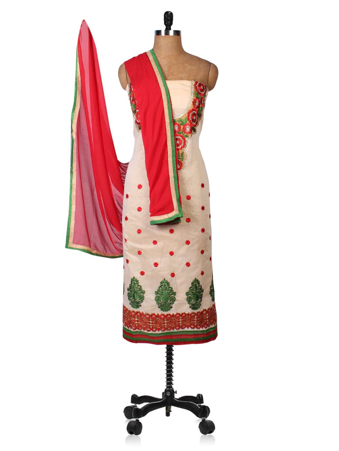 embroidered beige chanderi unstitched suit set - 1199697 -  Standard Image - 1