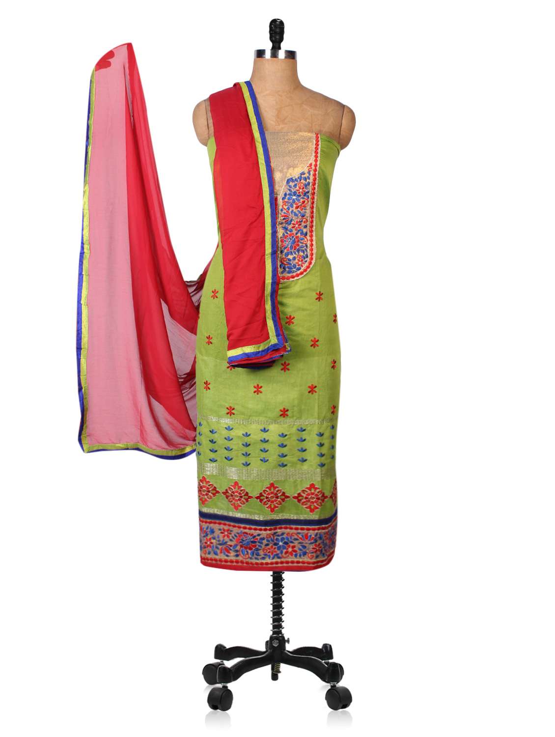 embroidered green chanderi unstitched suit set - 1199698 -  Standard Image - 1