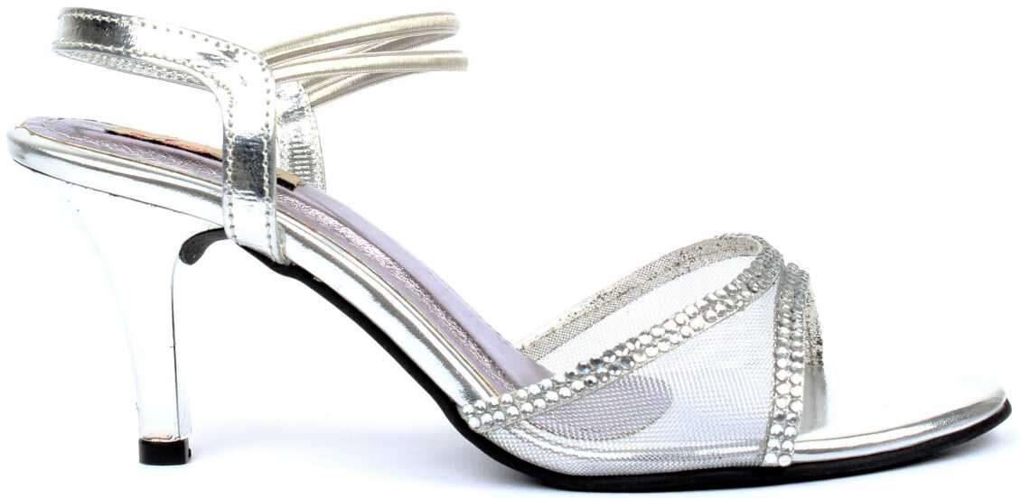 silver medium heel sandal with net covering and stone design