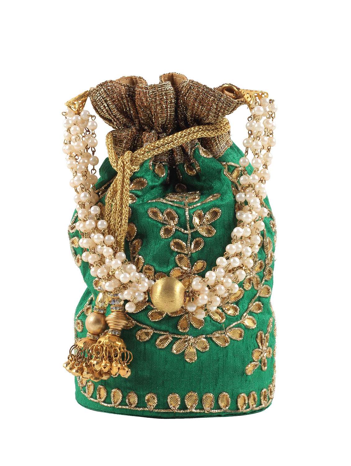 green faux silk embellished potli