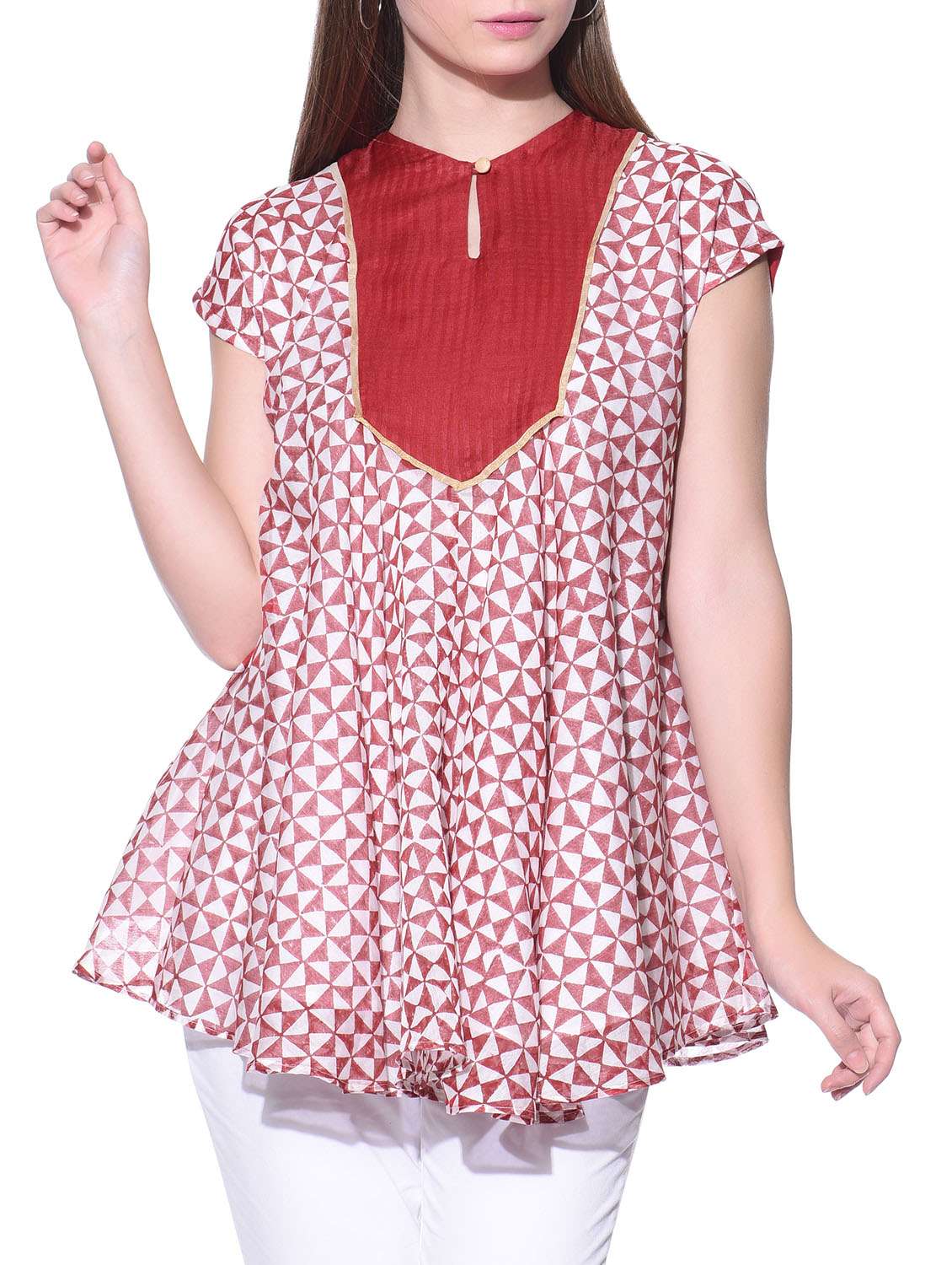 red and white chanderi silk printed top