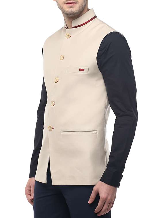 beige cotton nehru jacket - 12086086 -  Standard Image - 1