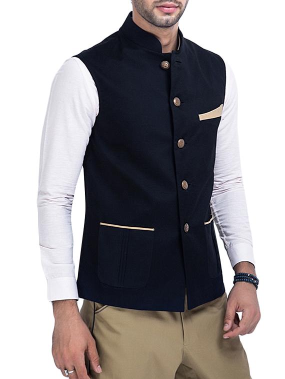 black cotton nehru jacket - 12086093 - Standard Image - 1