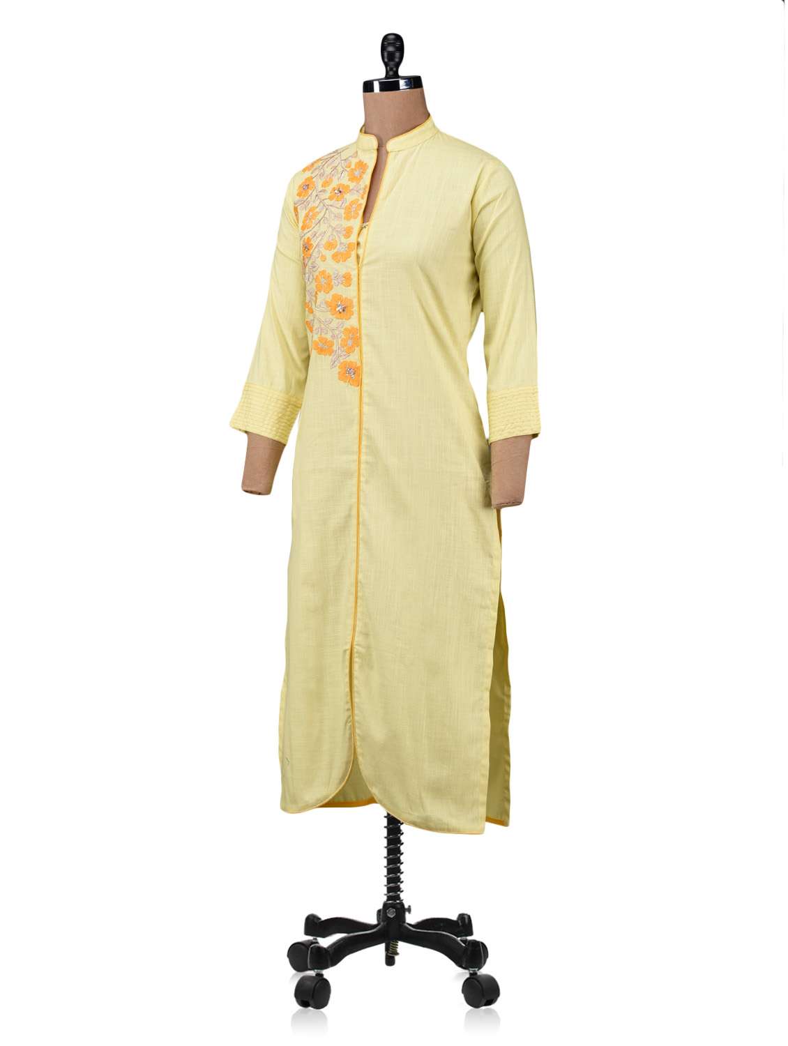 yellow beaded embroidered sequin worked cotton kurta - 1208861 -  Standard Image - 1