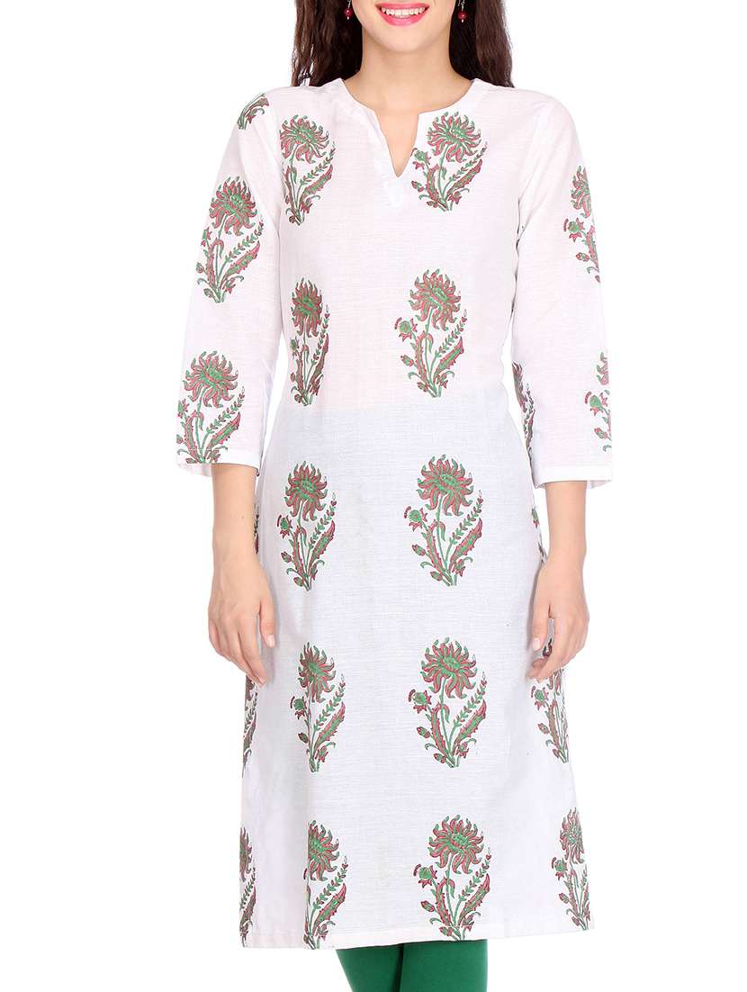 White printed cotton kurta