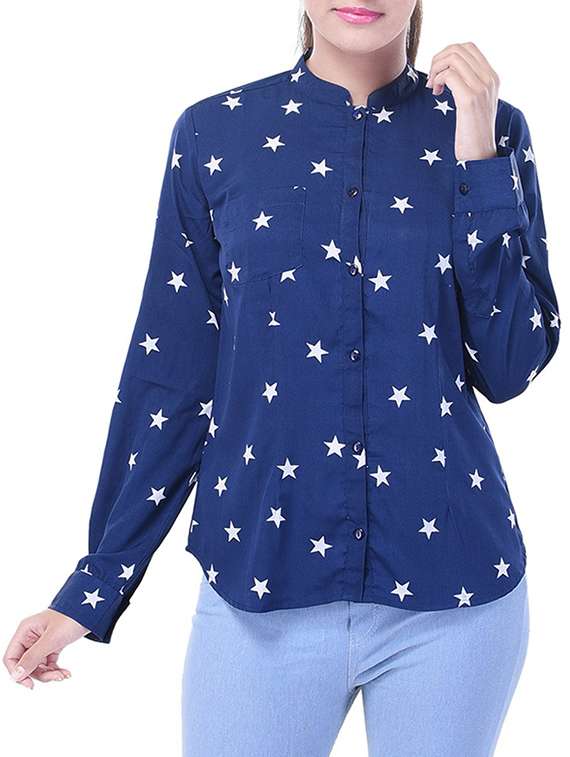 blue printed crepe regular shirt