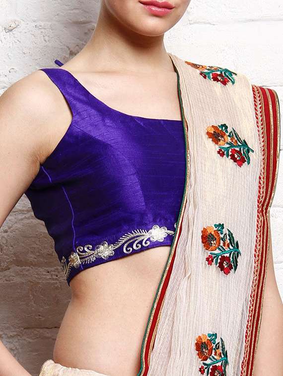 royal blue dupion embroidered sleeveless blouse