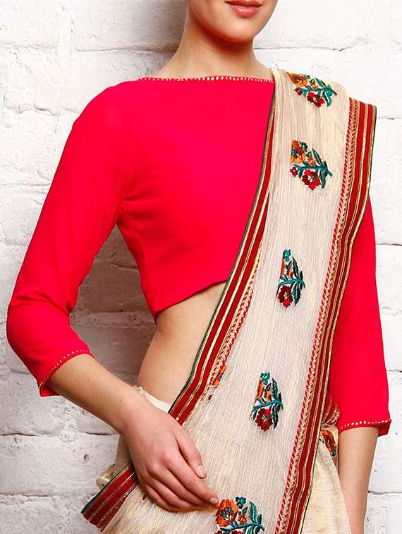 fuchsia georgette three-quarter sleeved stitched blouse