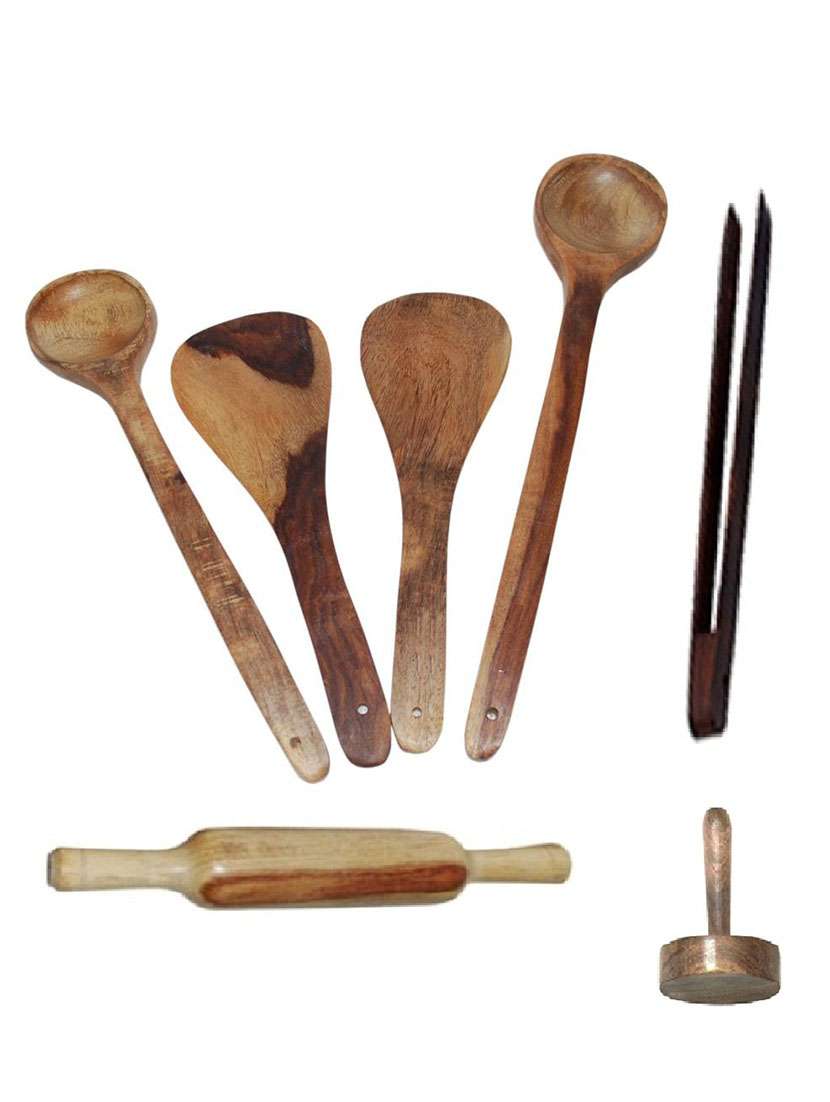 desi karigar wooden ladles, rolling pin, masher and chimta