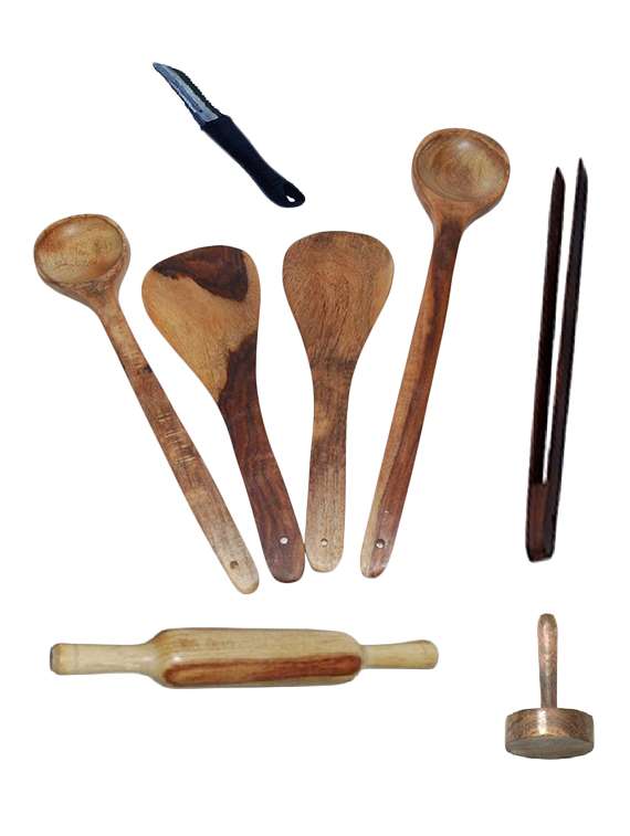 desi karigar wooden ladles, rolling pin, masher, peeler and chimta
