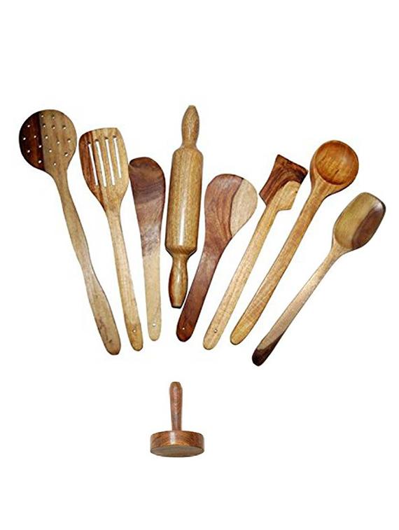 desi karigar wooden spoon set of 9 pcs/ wooden spatula, ladle & kitchen tools set