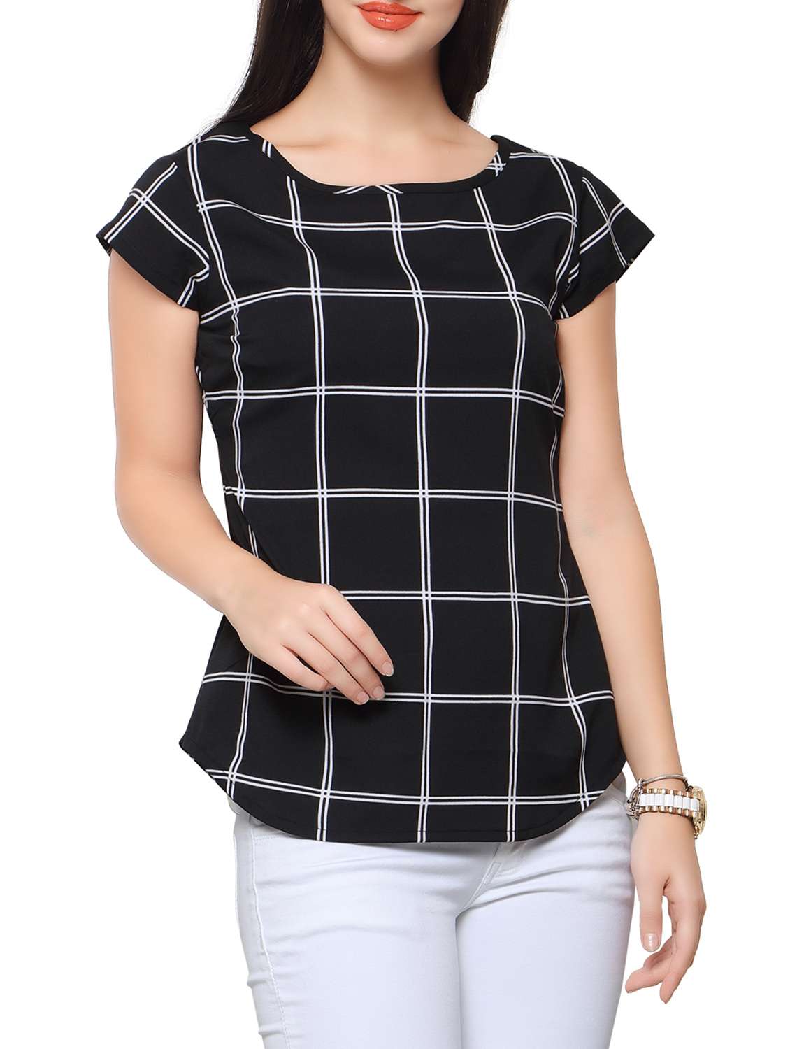 black checkered crepe regular top