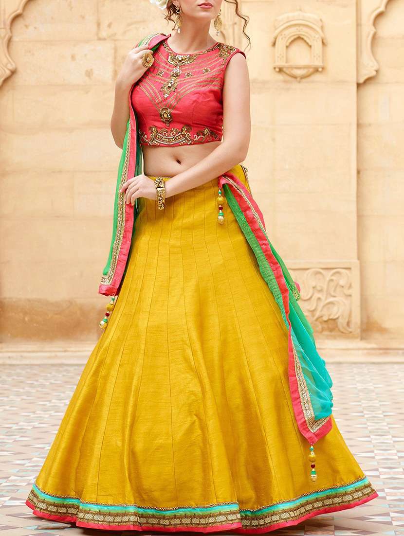 yellow silk flared lehenga