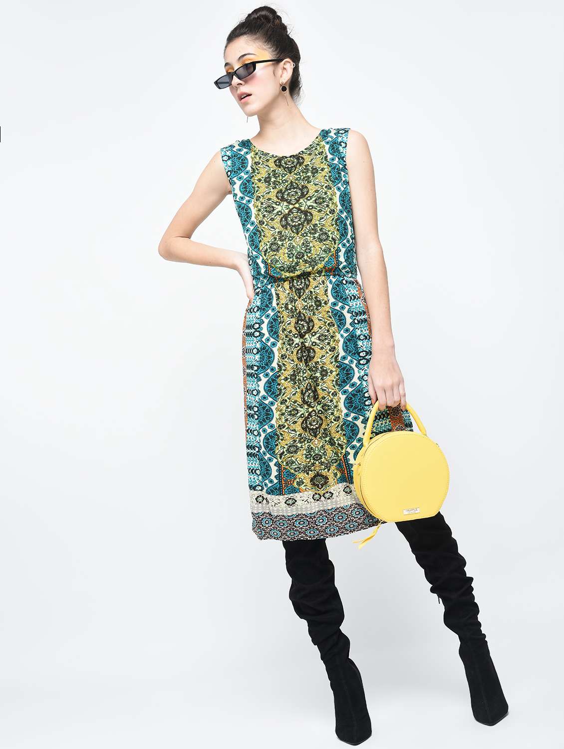green printed blouson dress