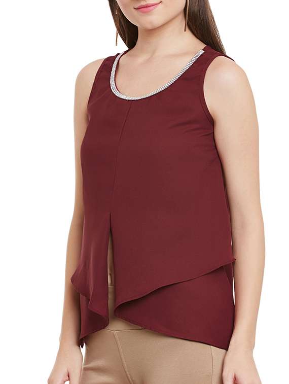 maroon embellished georgette layered top - 12113507 - Standard Image - 1