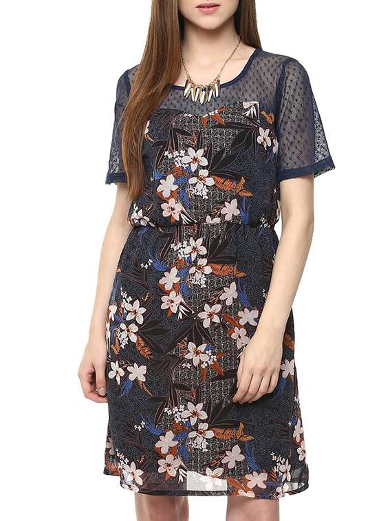 navy blue floral printed blouson dress