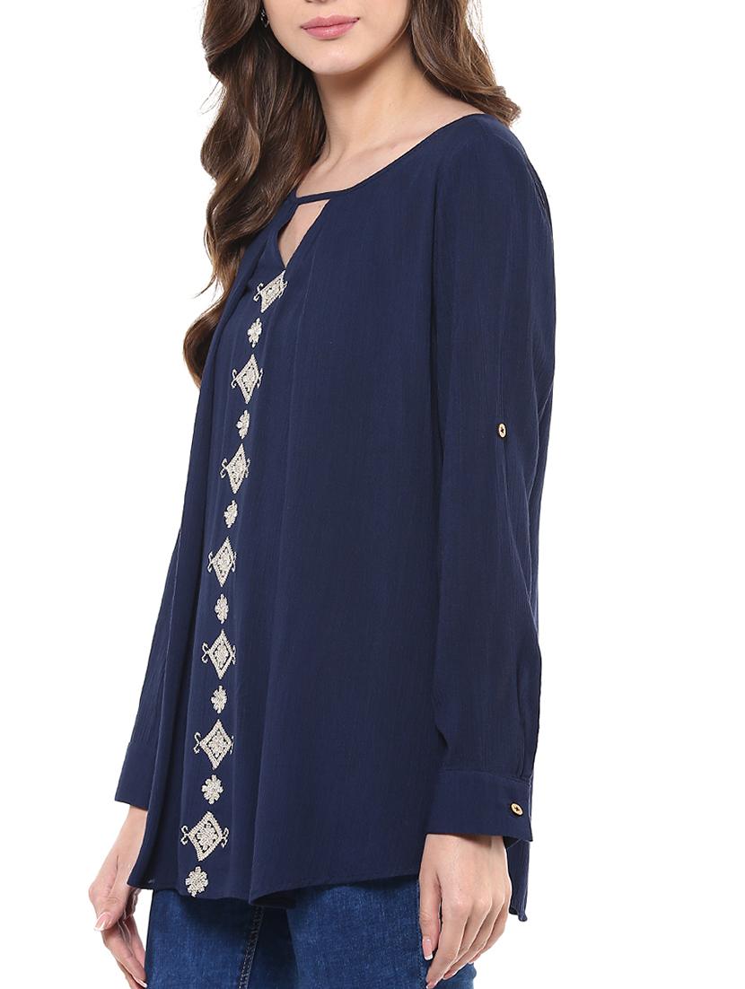 navy blue embroidered rayon top - 12124175 - Standard Image - 1