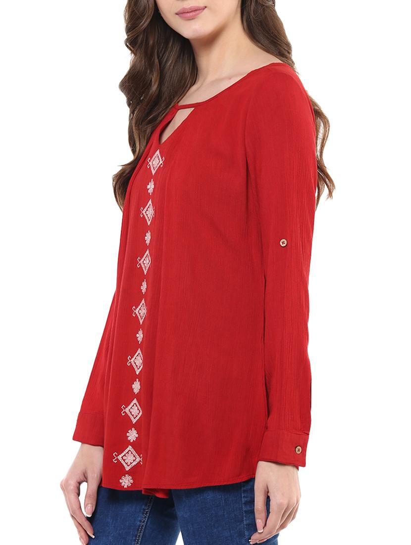 red embroidered rayon regular top - 12124176 -  Standard Image - 1