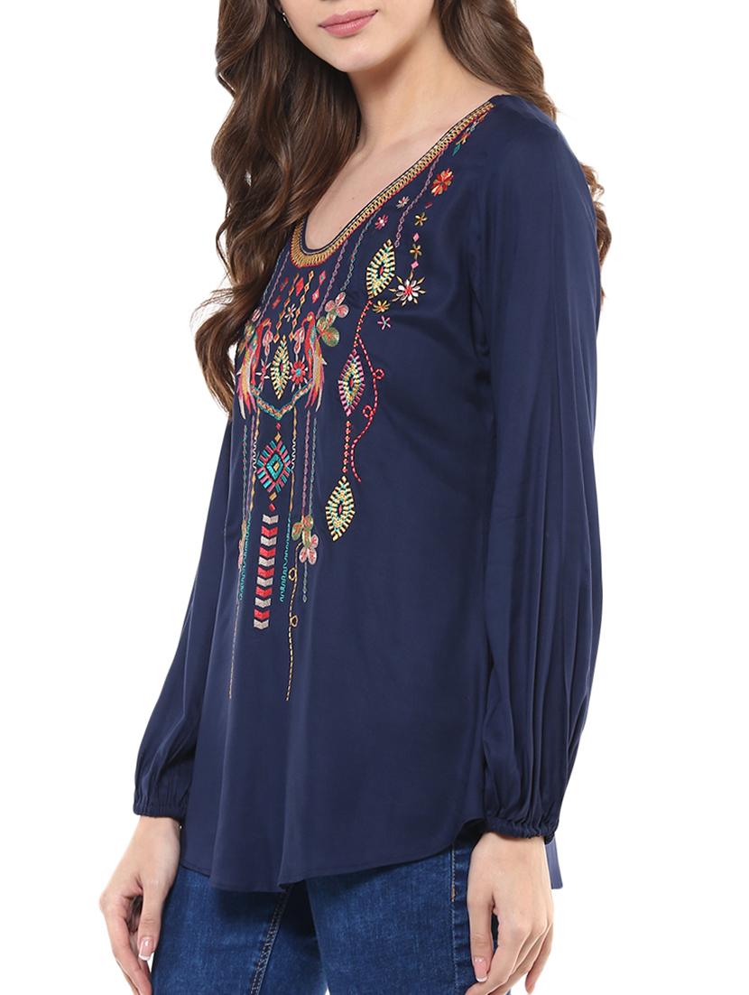 navy blue embroidered rayon top - 12124177 -  Standard Image - 1