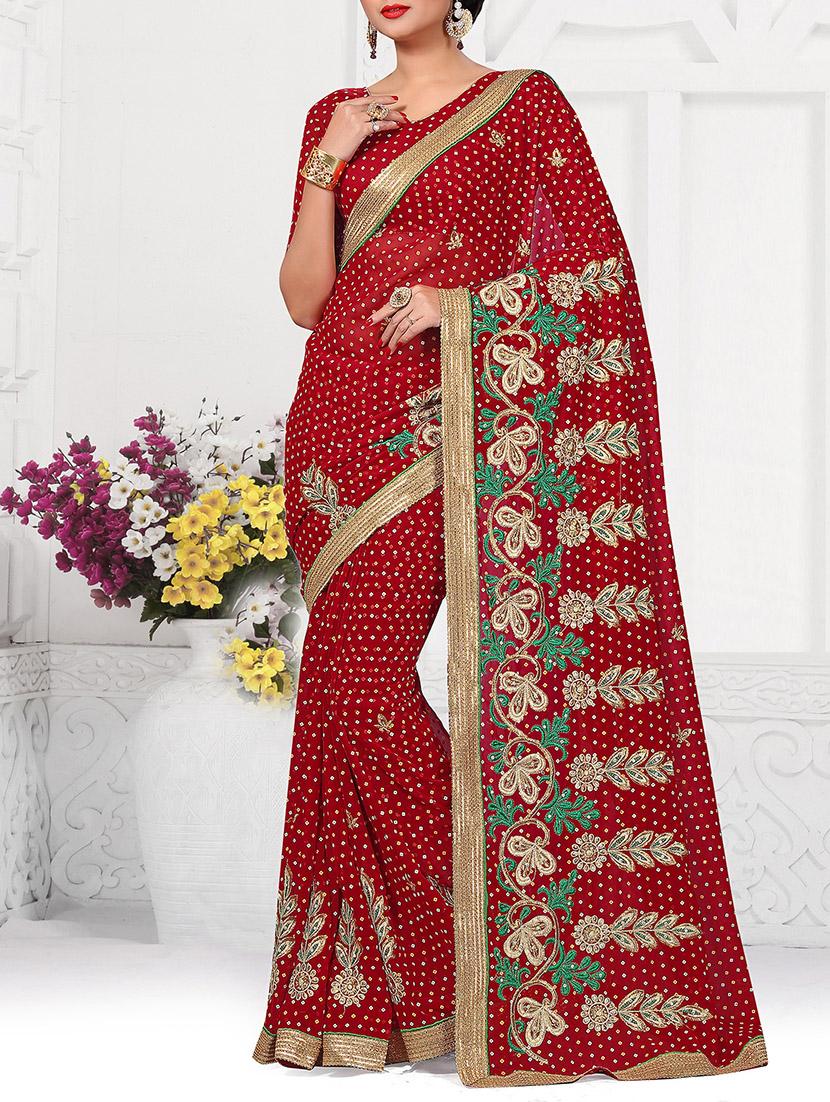 red poly georgette saree with blouse
