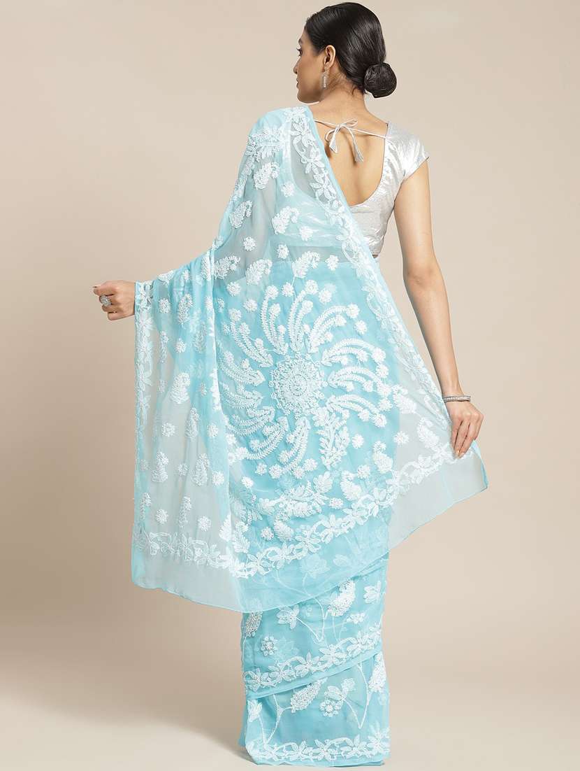 blue georgette hand embroidered chikankari saree with blouse - 12128291 -  Standard Image - 1