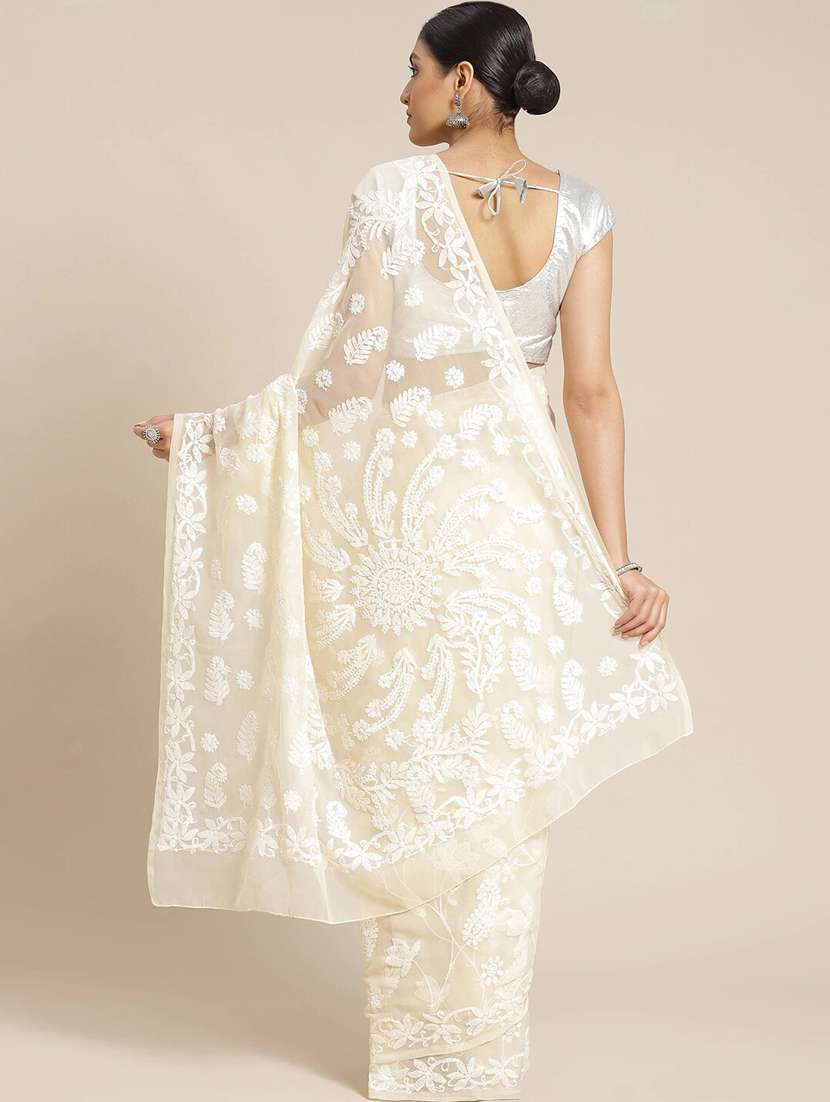 beige faux georgette chikankari saree with blouse - 12128310 -  Standard Image - 1