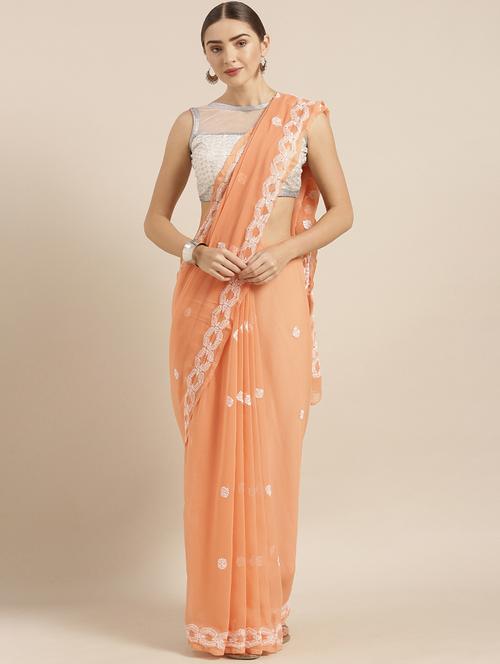 orange faux georgette chikankari saree with blouse - 12128336 -  Standard Image - 0