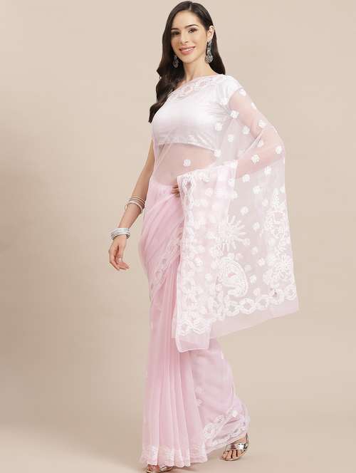 pink faux georgette chikankari saree with blouse - 12128354 -  Standard Image - 0