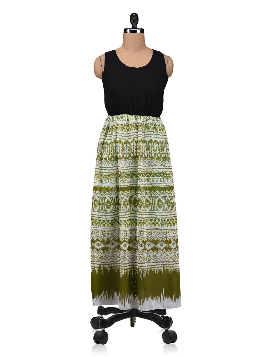 Green And Black Polygeorgette Printed Maxi Dress - By