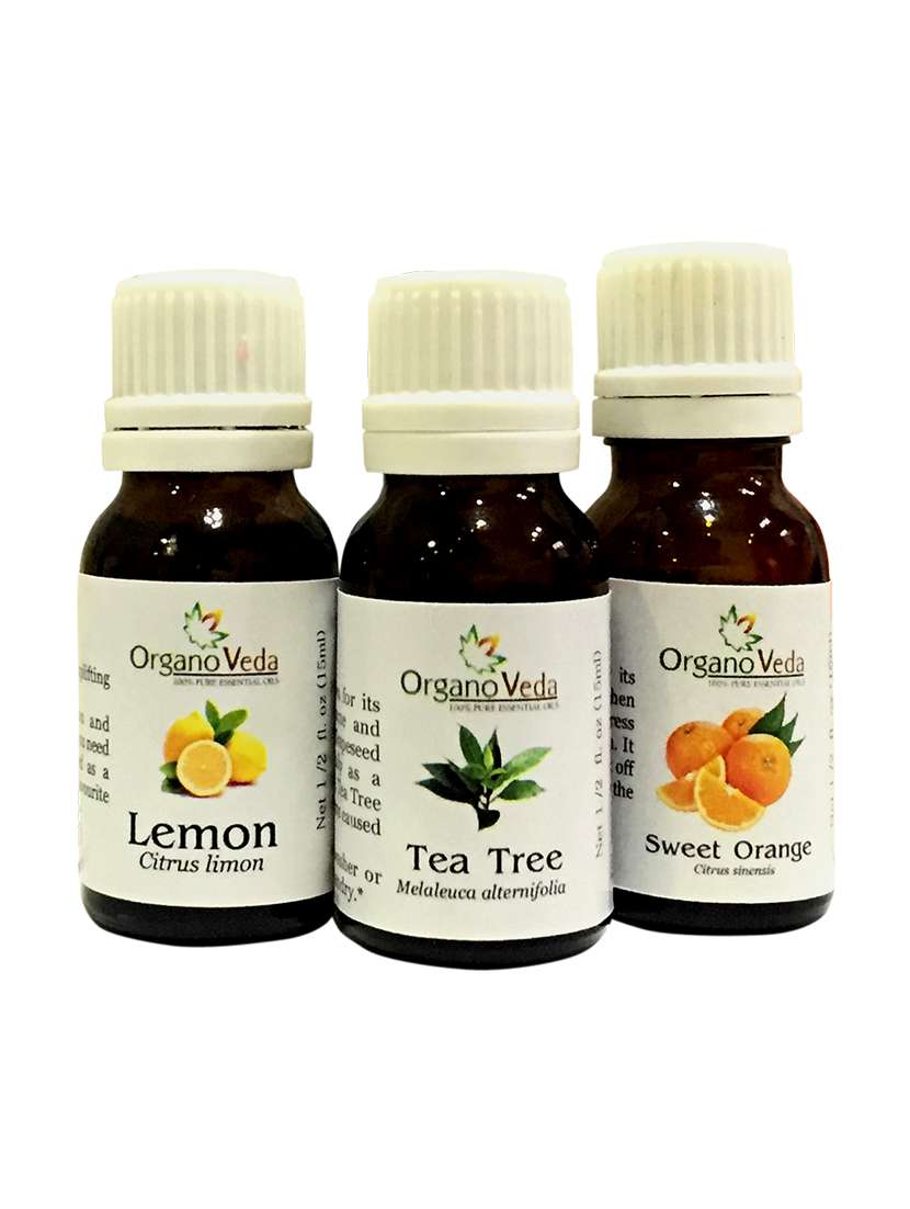 organoveda citrus combo: tea tree + orange + lemon  essential oils (15 ml each)