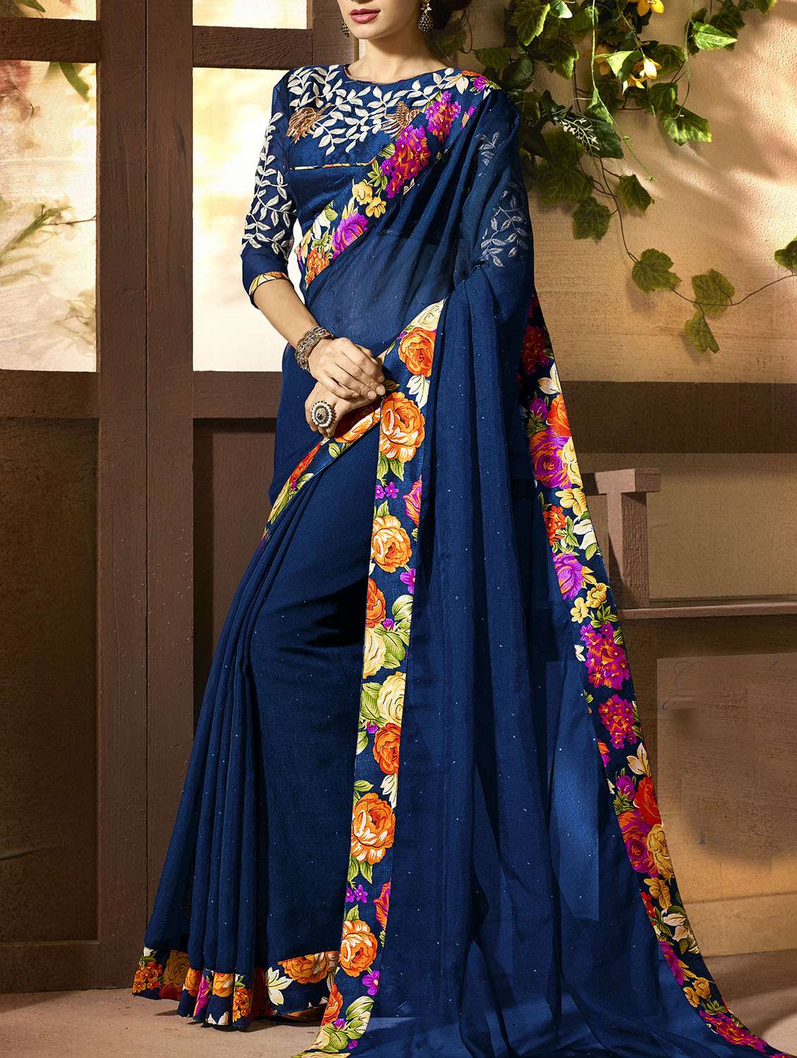 blue net bordered saree with blouse