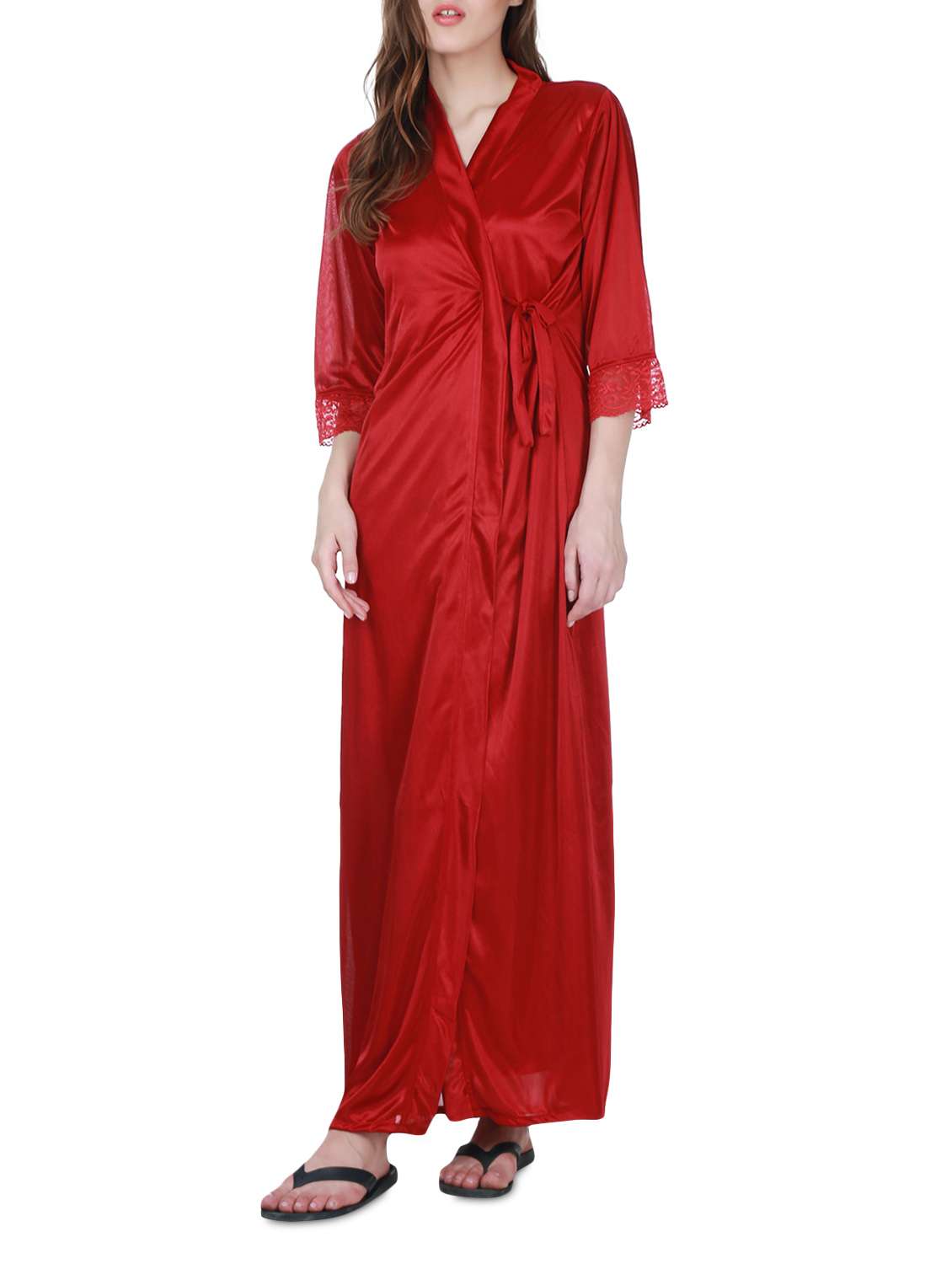 maroon satin self pattern nightwear
